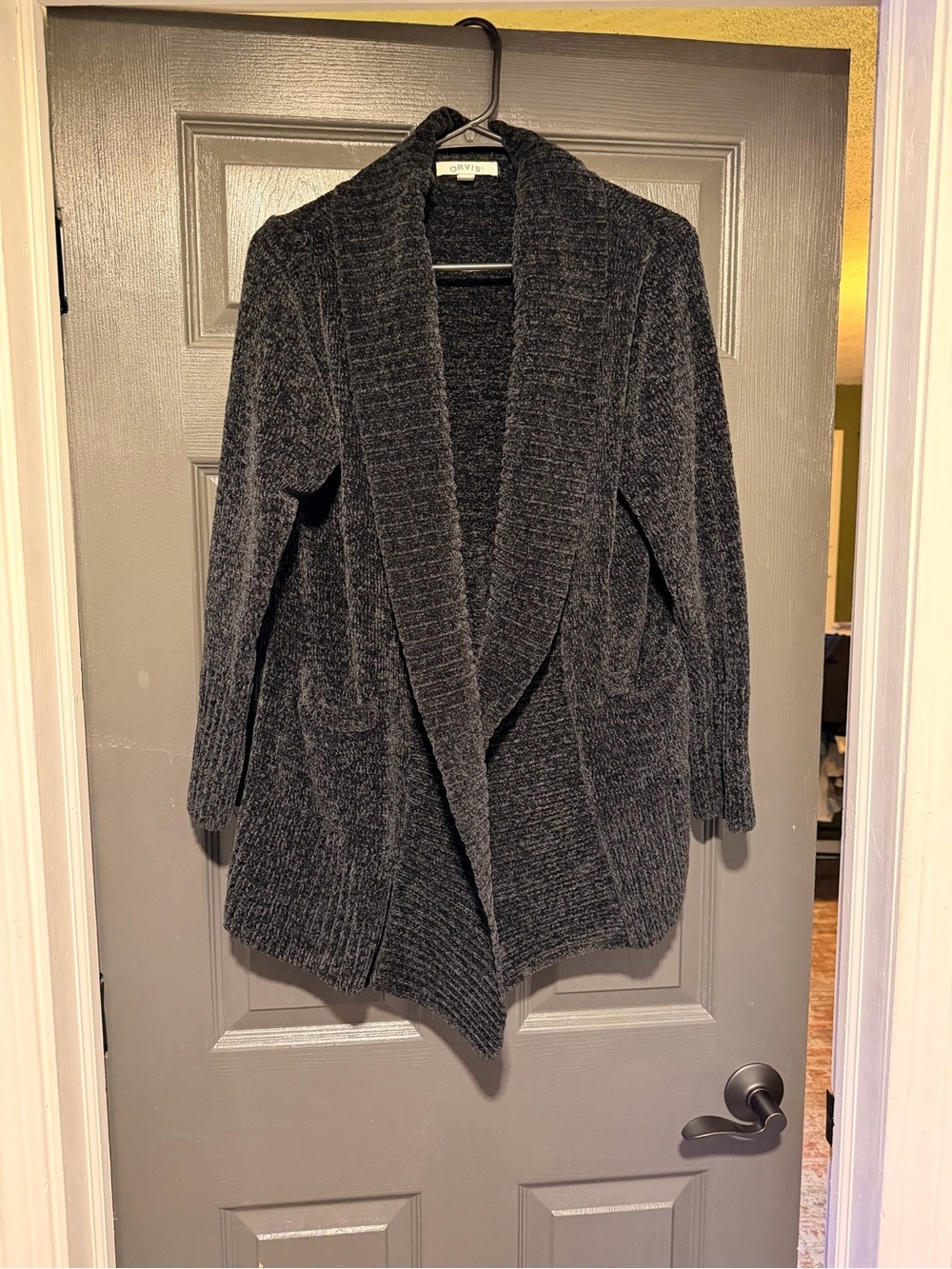 Orvis Black Open-Front Chenille Shawl Collar Cardigan